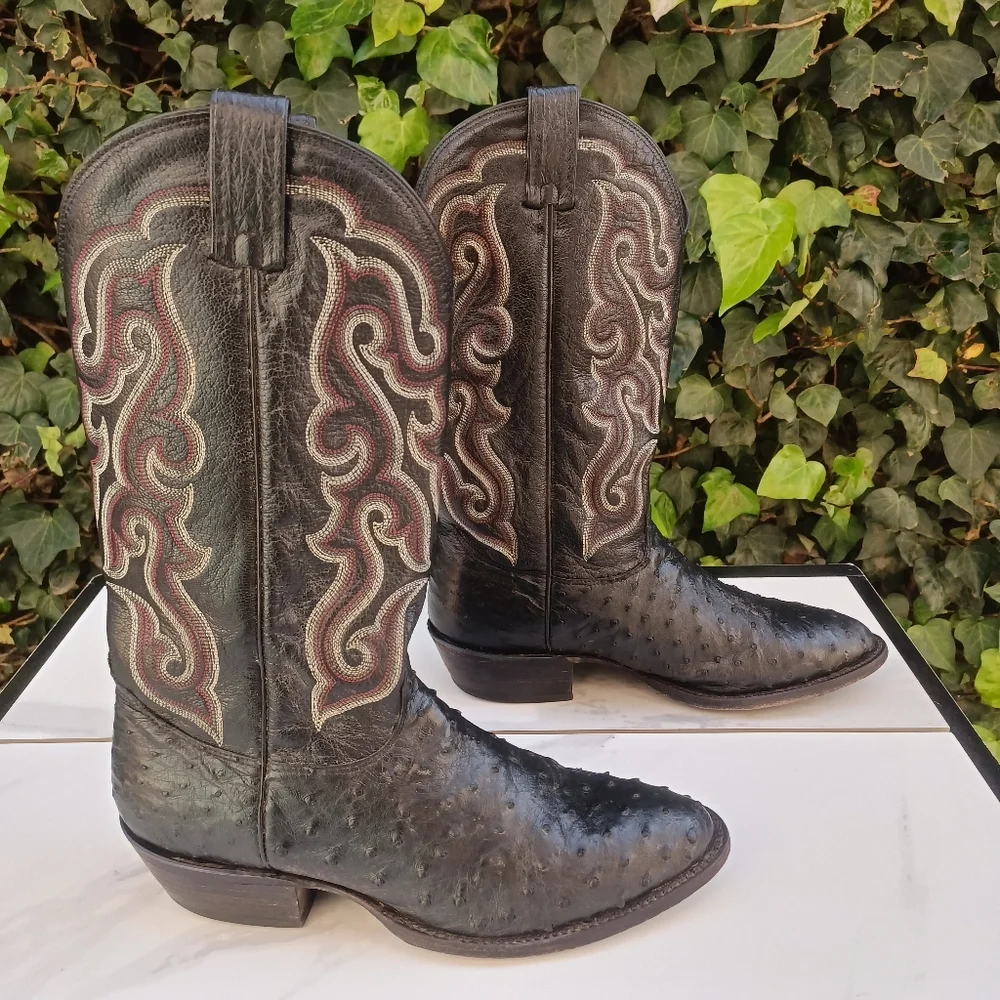 Nocona Full Quill Ostrich Western Boots Size 9.5 D Black/Red - Picture 1 of 12